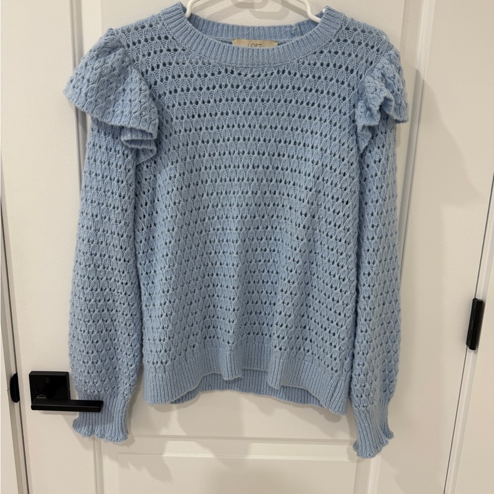 LOFT Blue Crew Neck Sweater with Ruffle Details
